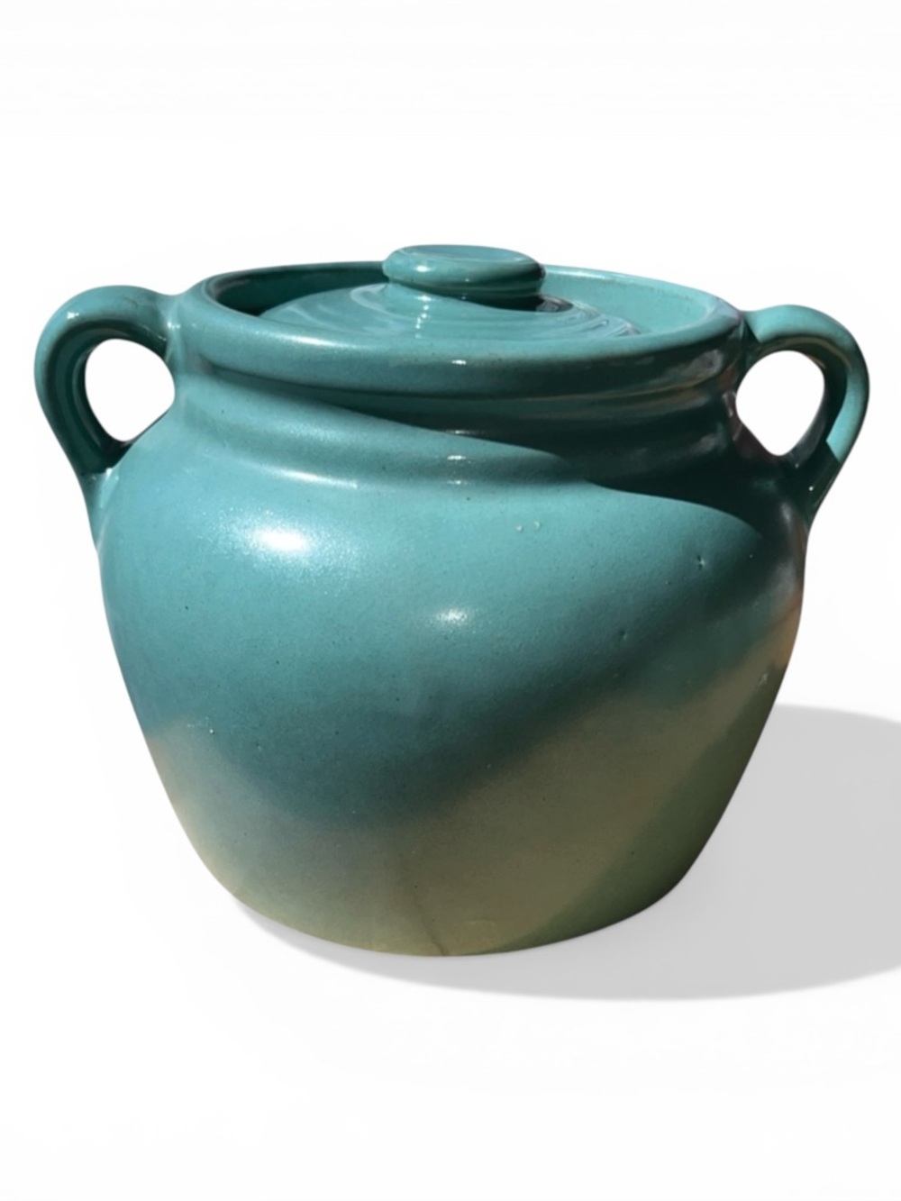 Stoneware Double Handle Crock with Lid Marked Made in USA vintage